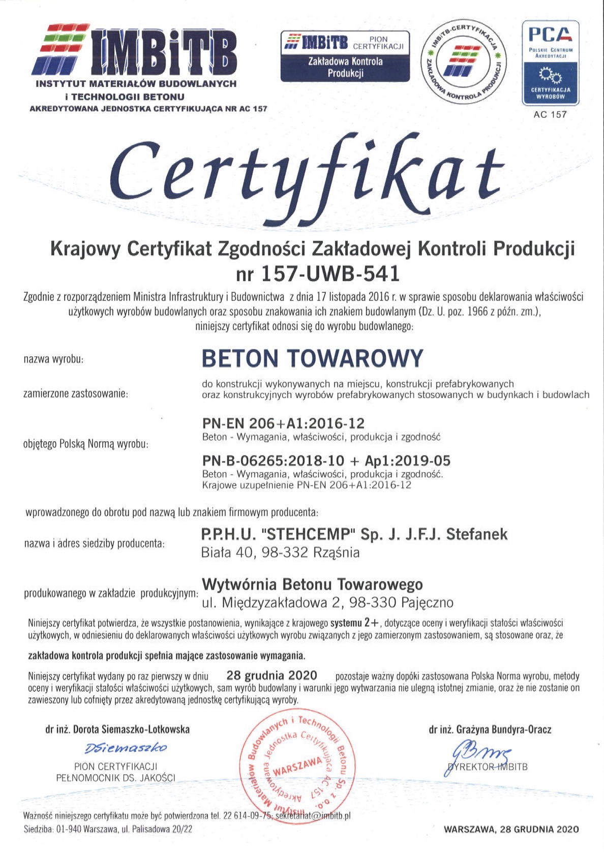 Certyfikat 157-UWB-541 B wyd 1 2020